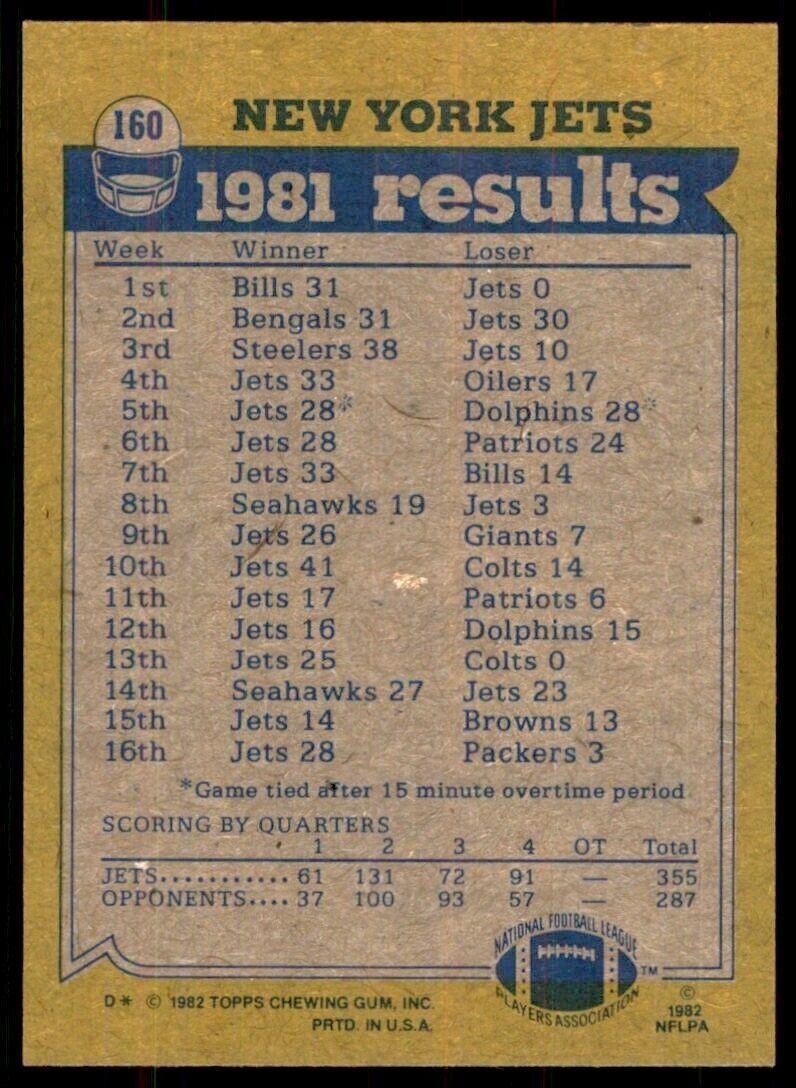 1982 Topps~ Freeman McNeil/Darrol Ray/Wesley Walker/Joe Klecko New York Jets.