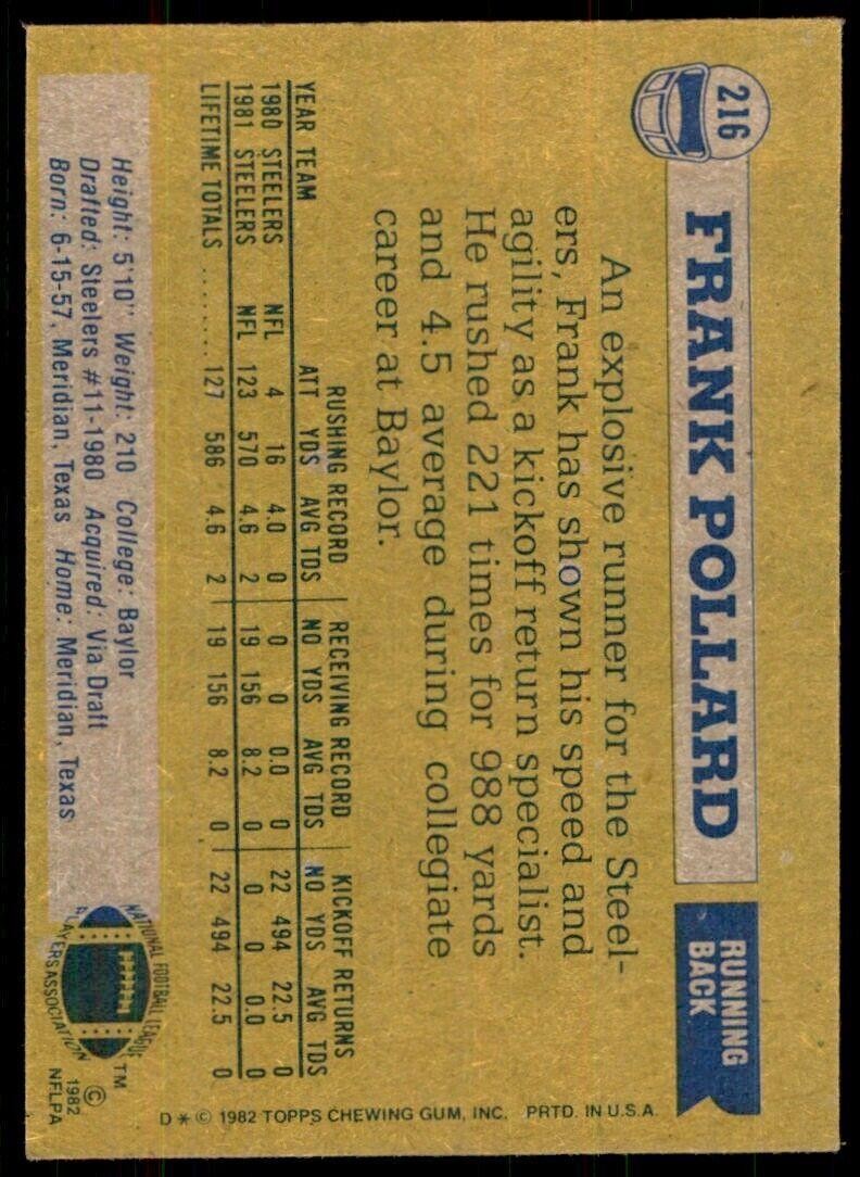 1982 Topps~ Frank Pollard Pittsburgh Steelers. #216