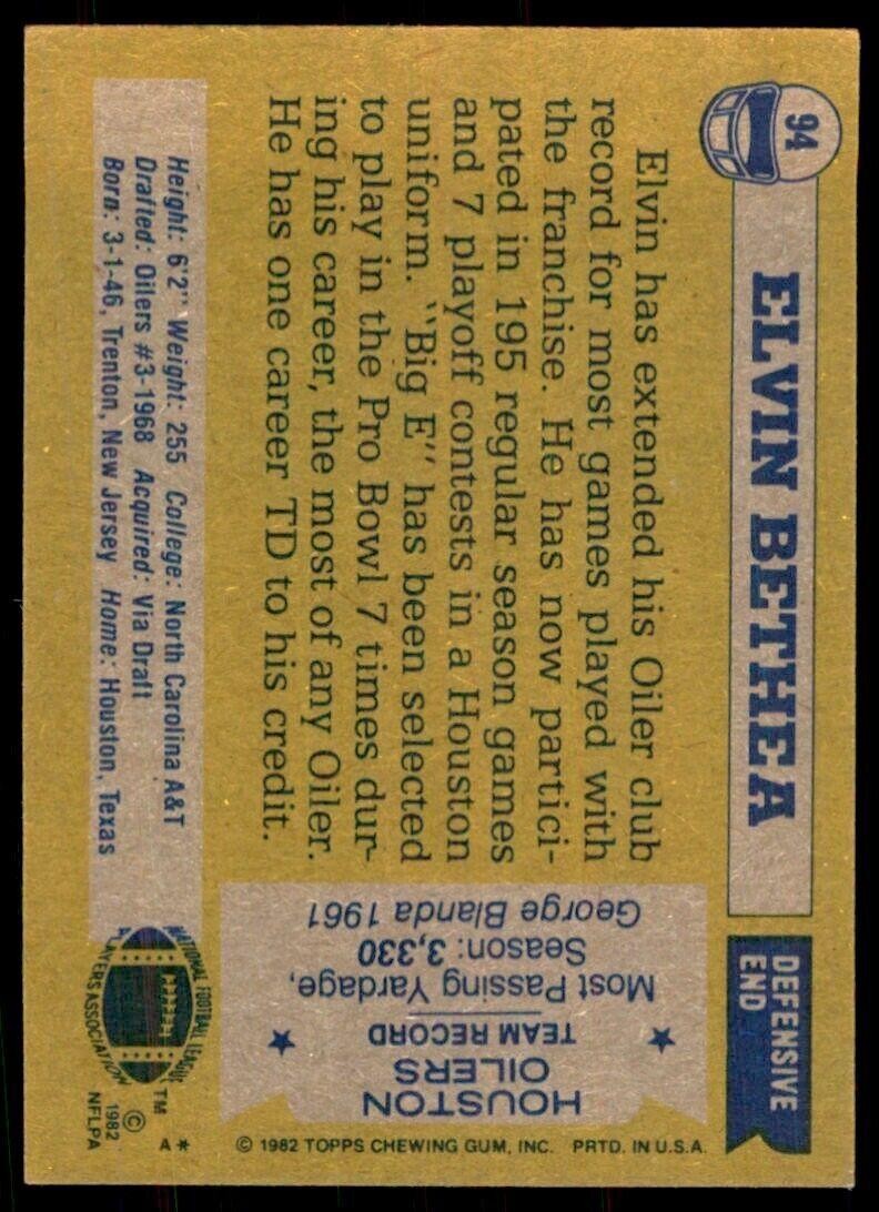 1982 Topps` Elvin Bethea Houston Oilers #94