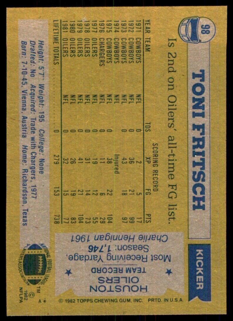 1982 Topps^ Toni Fritsch. Houston Oilers #98