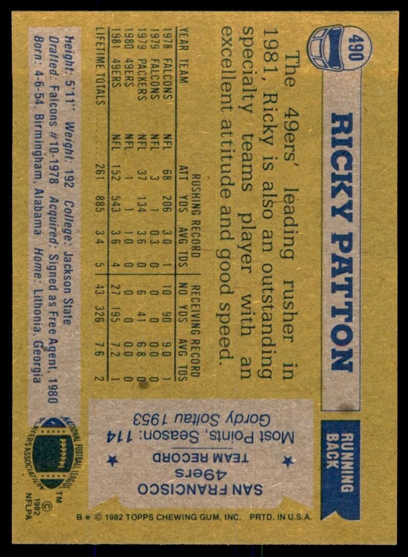1982 TOPPS RICKY PATTON ROOKIE . SAN FRANCISCO 49ERS #490