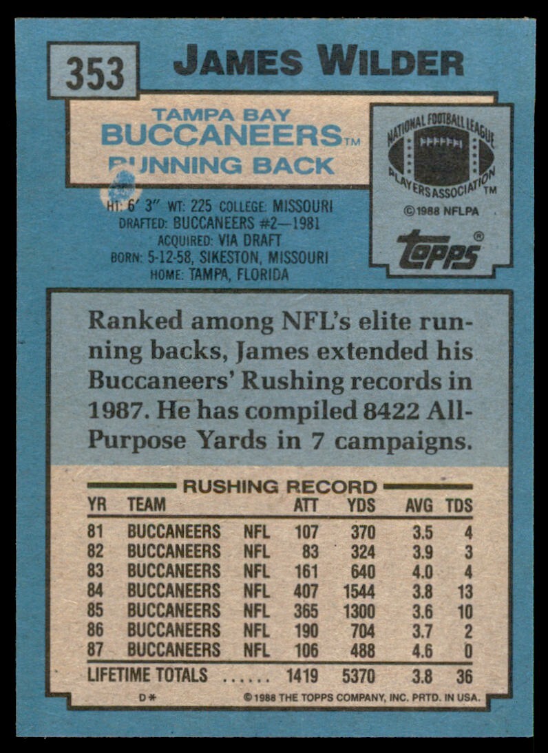 1988 Topps Football James Wilder . Tampa Bay Buccaneers #353