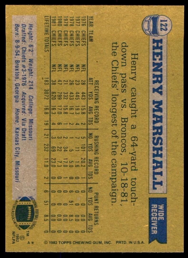 1982 Topps Henry Marshall . Kansas City Chiefs #122
