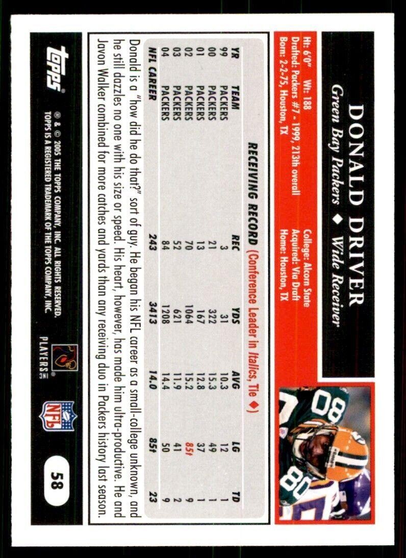 2005 Topps Donald Driver Football Cards #58