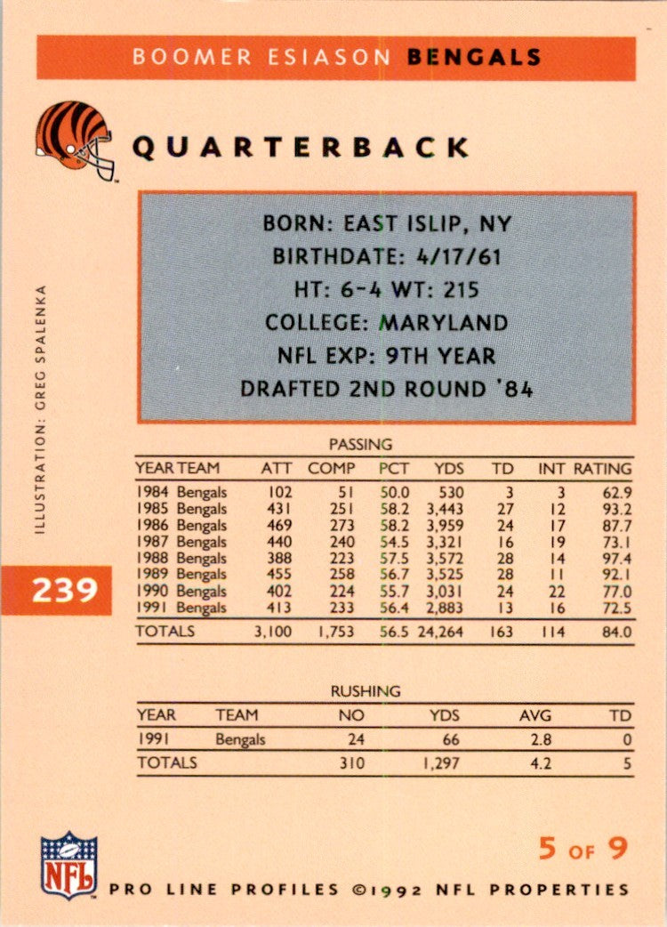 1992 Pro Line Boomer Esiason Football Cards #239