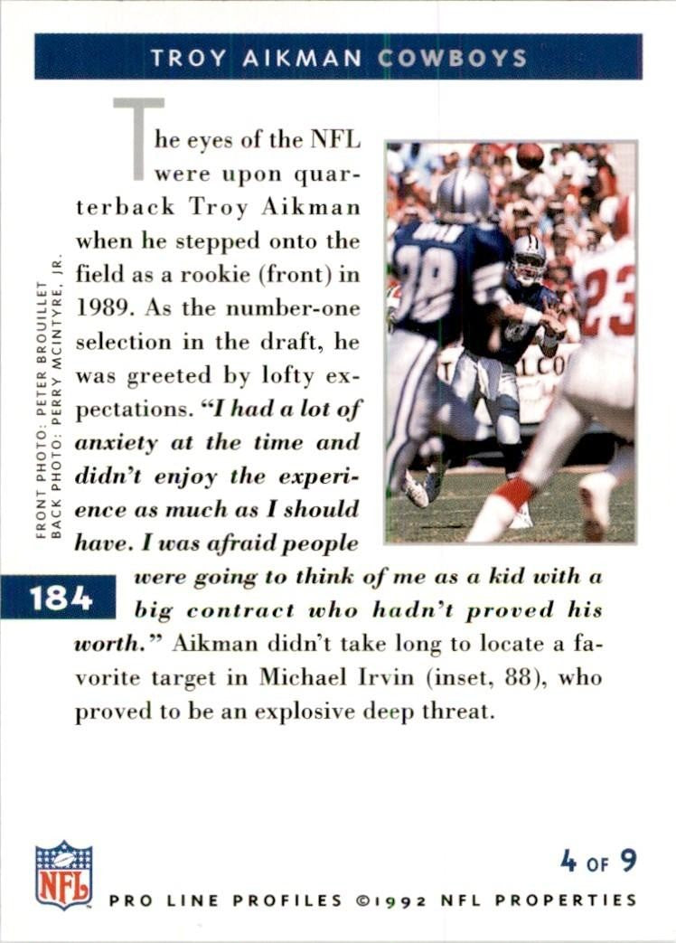 1992 Pro Line Troy Aikman Football Cards #184