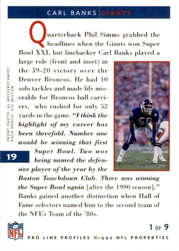 1992 Pro Line Carl Banks Football Cards #19