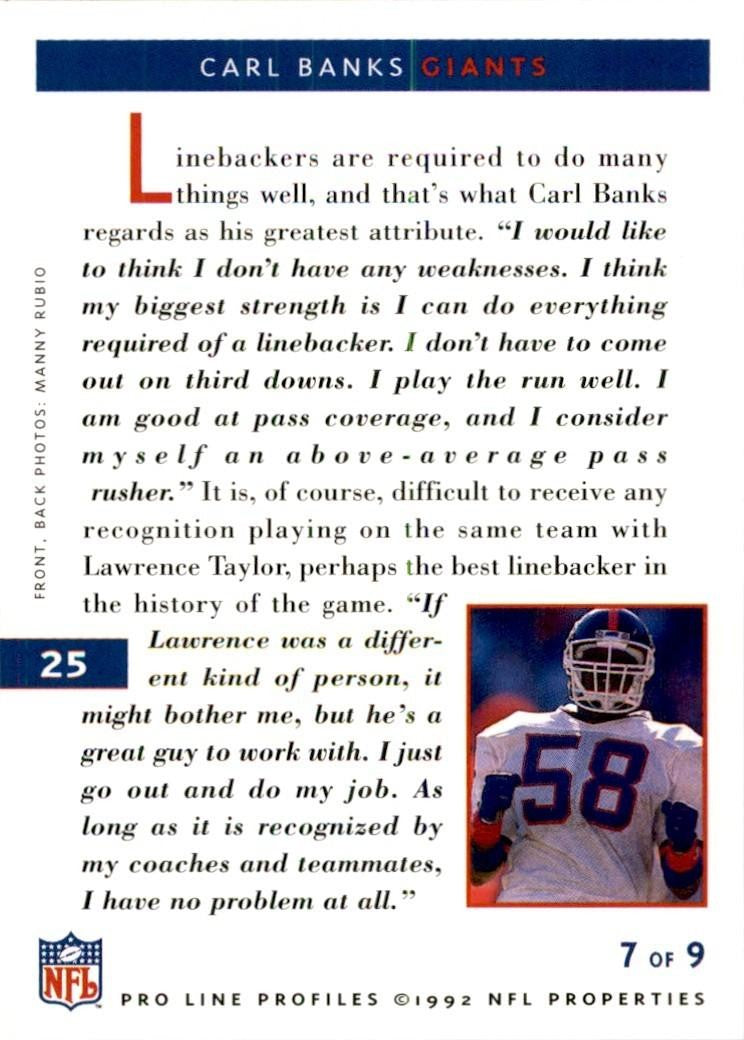 1992 Pro Line Carl Banks Football Cards #25