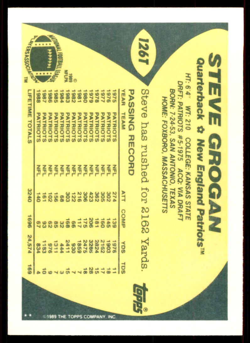 1989 TOPPS TRADED STEVE GROGAN . NEW ENGLAND PATRIOTS #126T