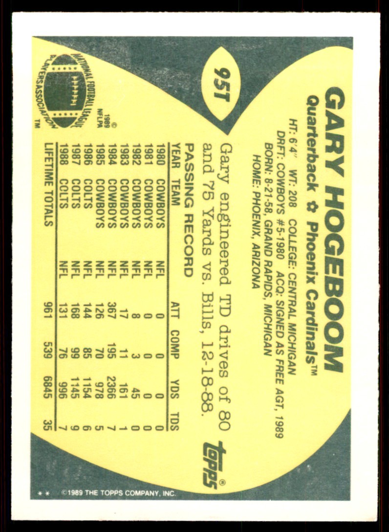 1989 TOPPS TRADED GARY HOGEBOOM . PHOENIX CARDINALS #95T