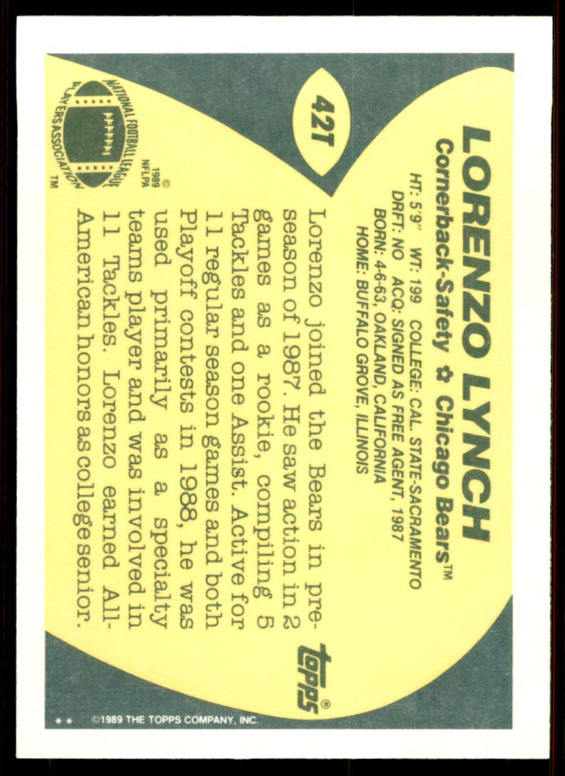 1989 TOPPS TRADED LORENZO LYNCH ROOKIE . CHICAGO BEARS #42T