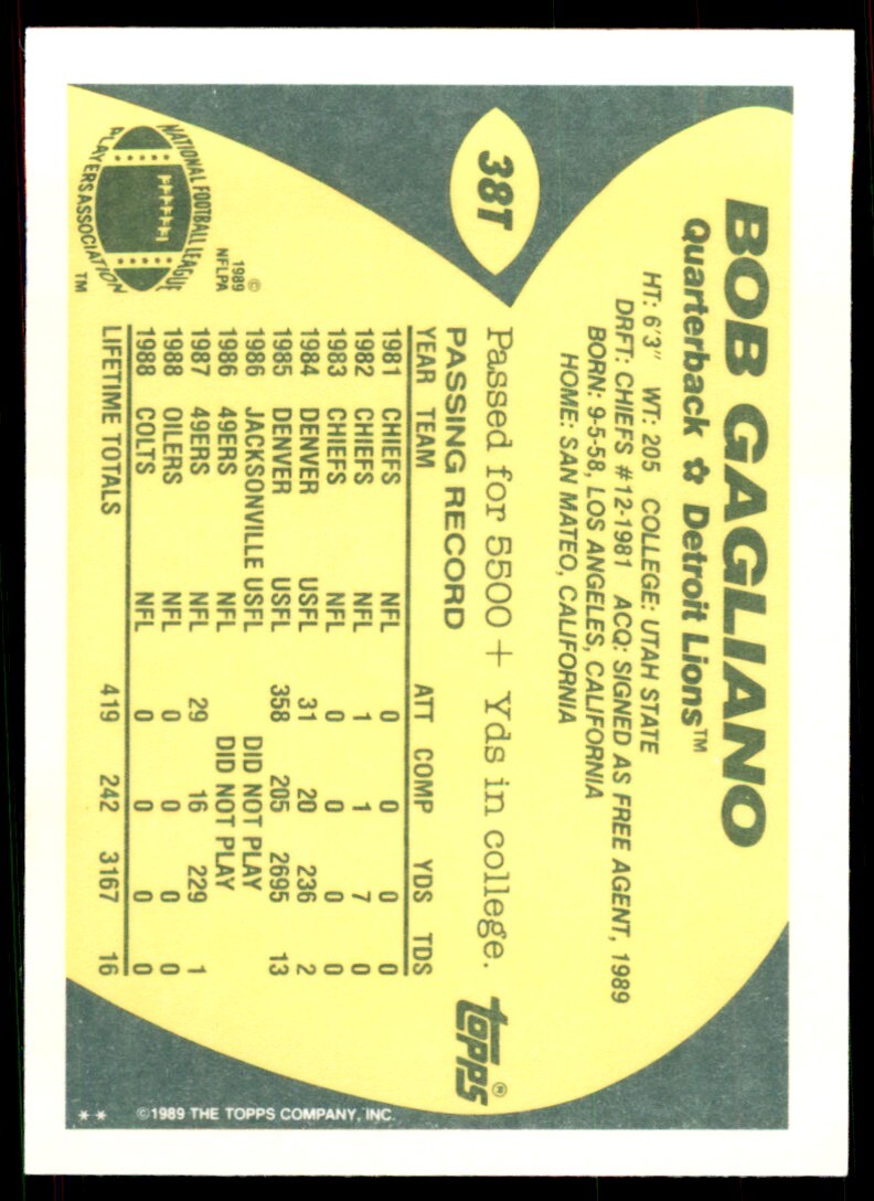 1989 TOPPS TRADED BOB GAGLIANO ROOKIE . DETROIT LIONS #38T