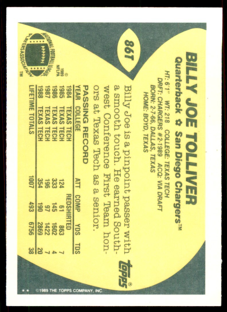 1989 Topps Traded Billy Joe Tolliver Rookie . San Diego Chargers #86T