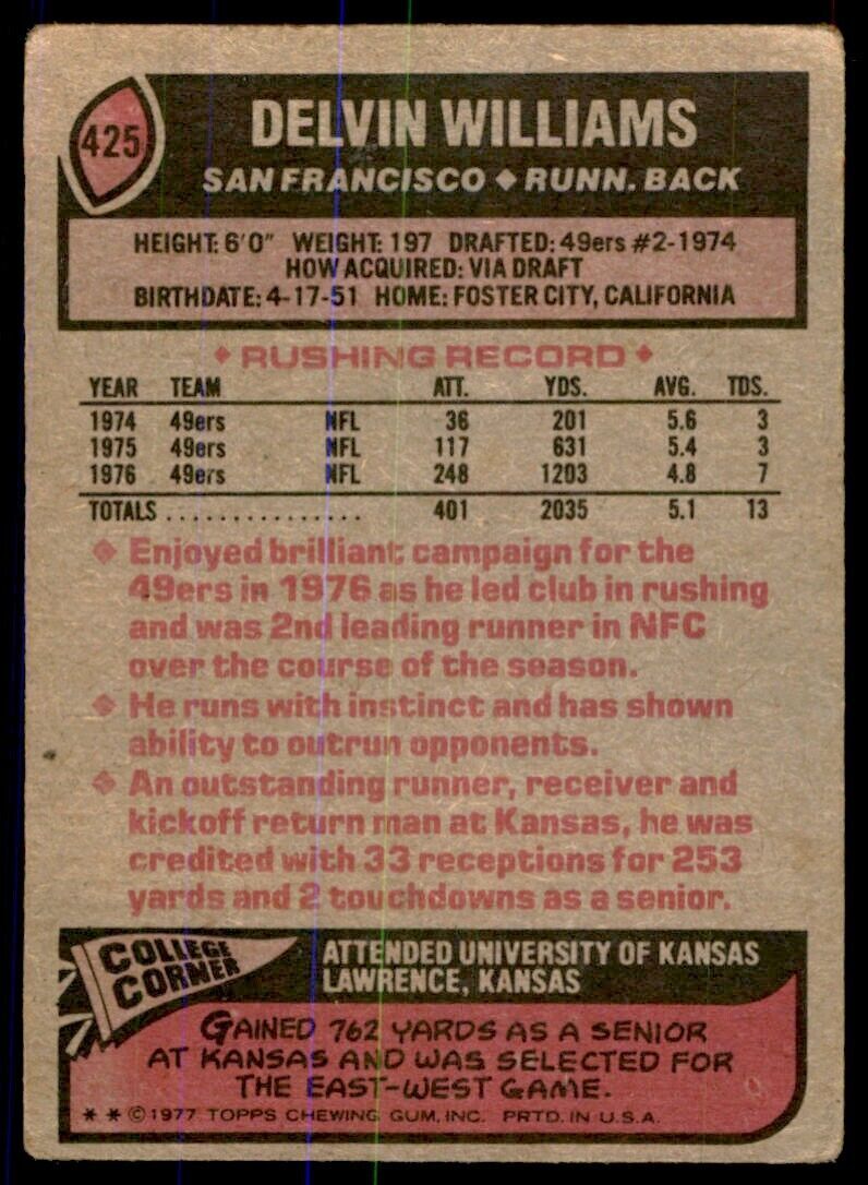 1977 Topps Delvin Williams Rookie . San Francisco 49ers #425