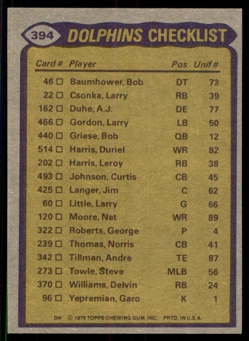 1979 Topps Delvin Williams/Duriel Harris/Tim Foley/Vern Den Herder Miami