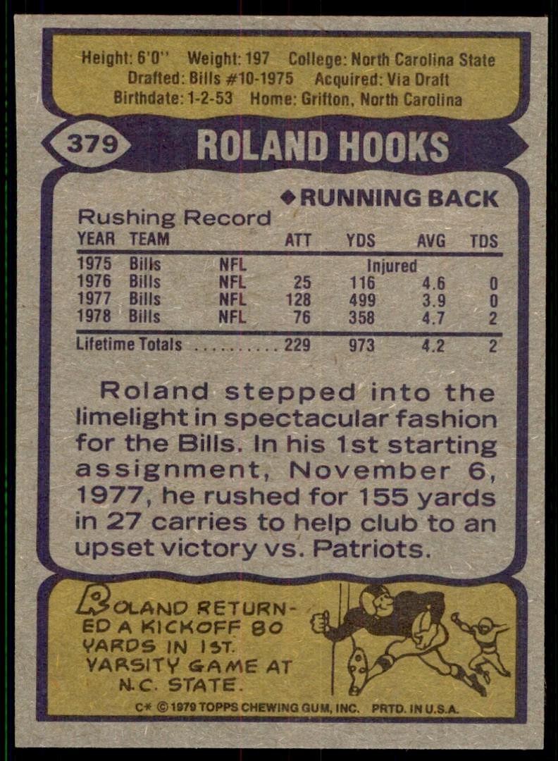1979 Topps Roland Hooks Vintage Buffalo Bills #379