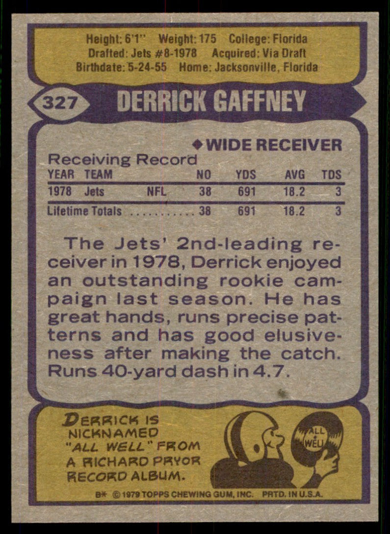 1979 Topps Derrick Gaffney Rookie New York Jets #327