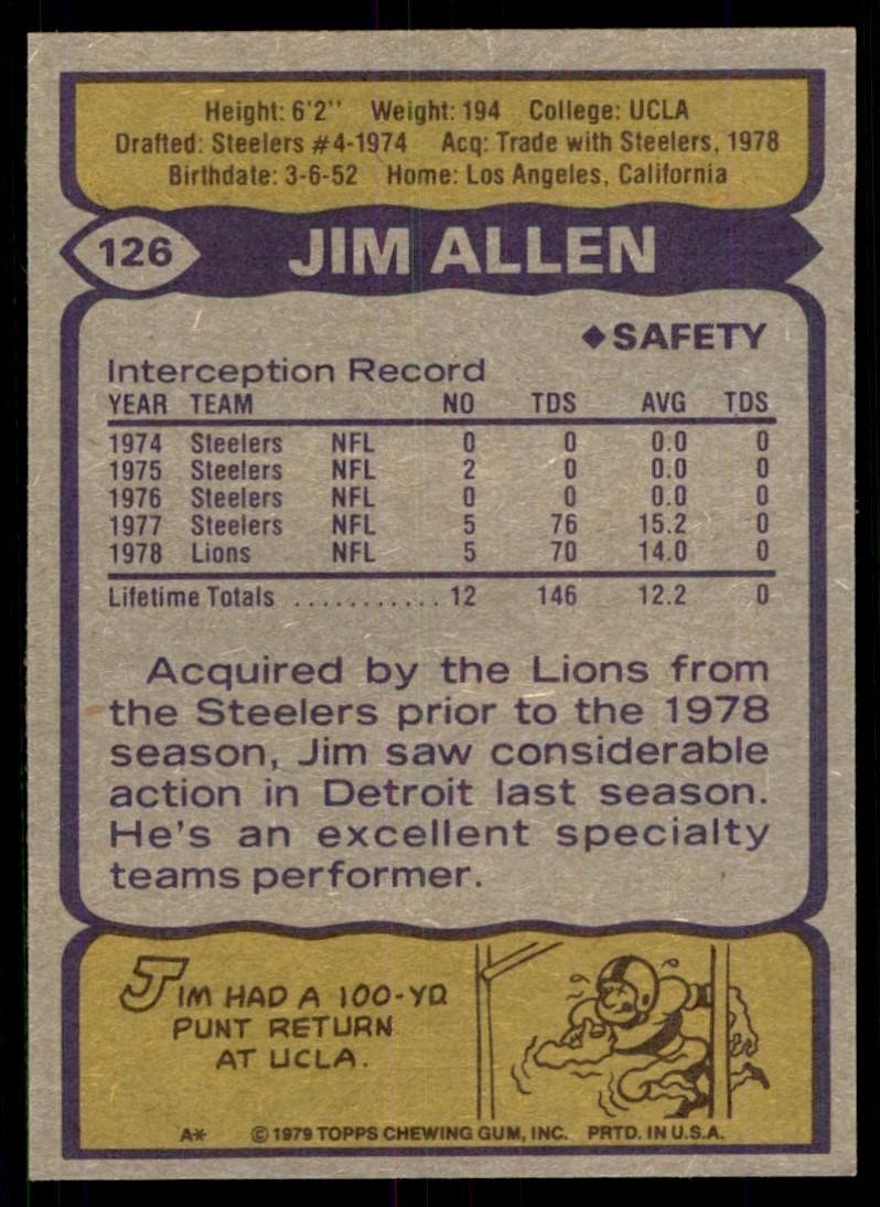 1979 Topps Jim Allen Detroit Lions #126