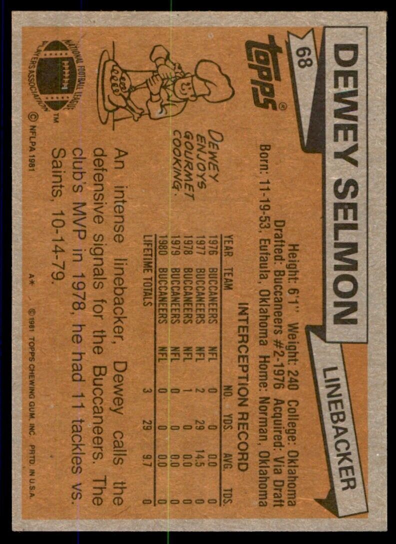 1981 Topps Football Dewey Selmon . Tampa Bay Buccaneers #68