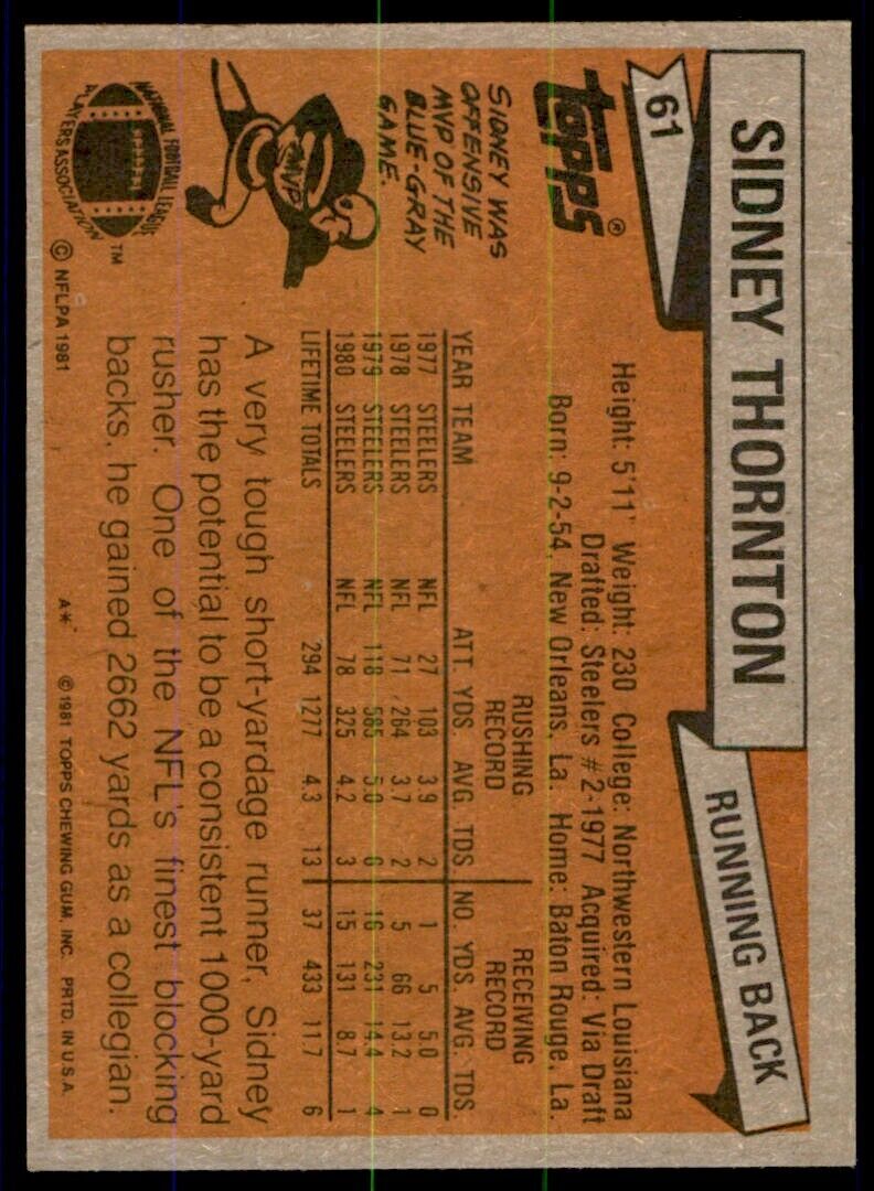 1981 Topps Sidney Thornton . Pittsburgh Steelers #61
