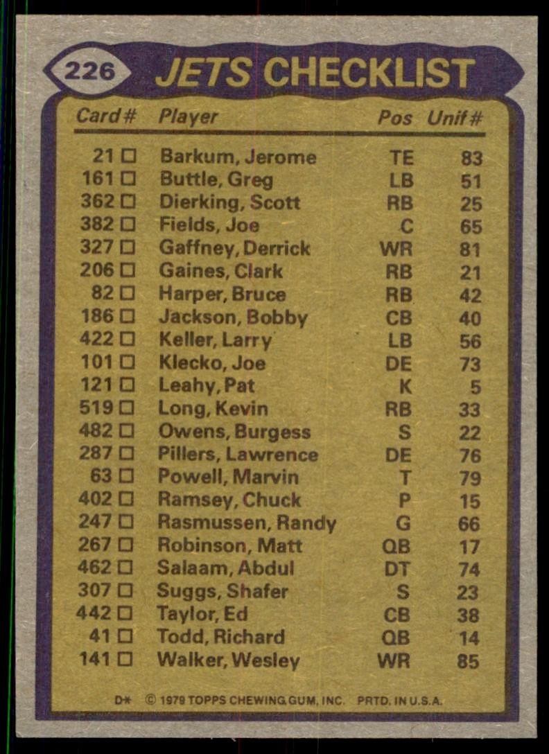 1979 Topps Kevin Long/Wesley Walker/Bobby Jackson/Burgess Owens/Joe Klecko