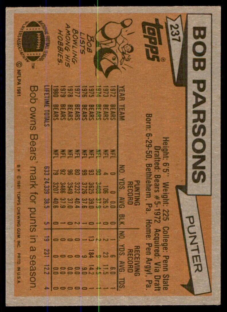 1981 Topps Bob Parsons . Chicago Bears #237