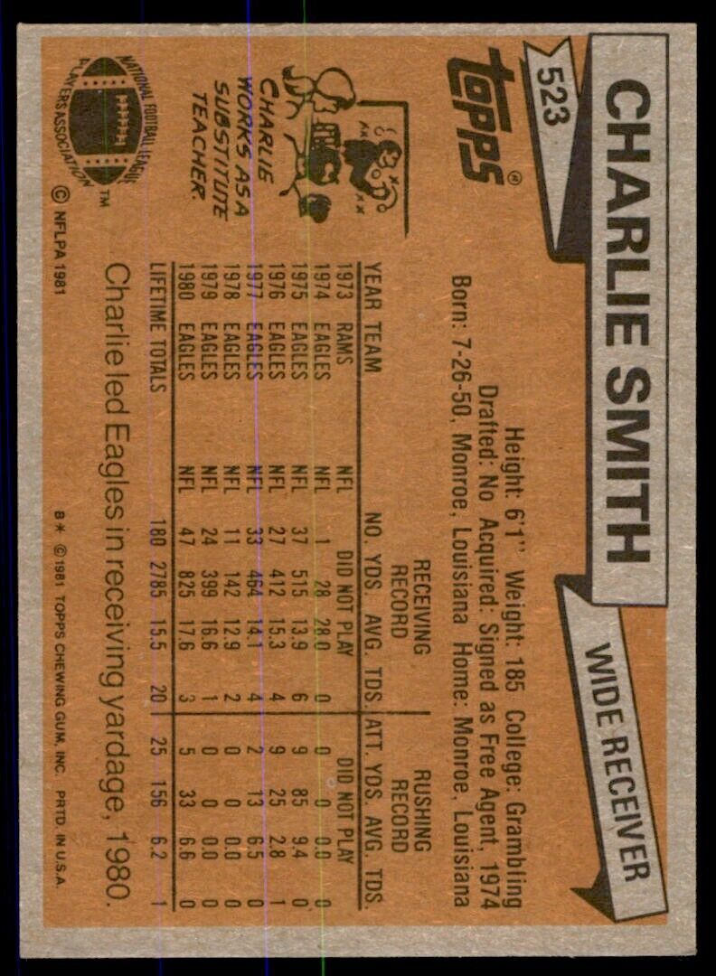 1981 Topps Football Charlie Smith . Philadelphia Eagles #523