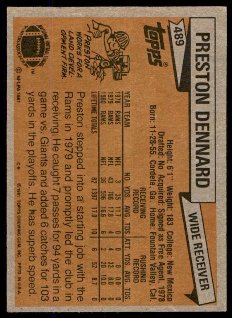 1981 Topps Football Preston Dennard . Los Angeles Rams #489