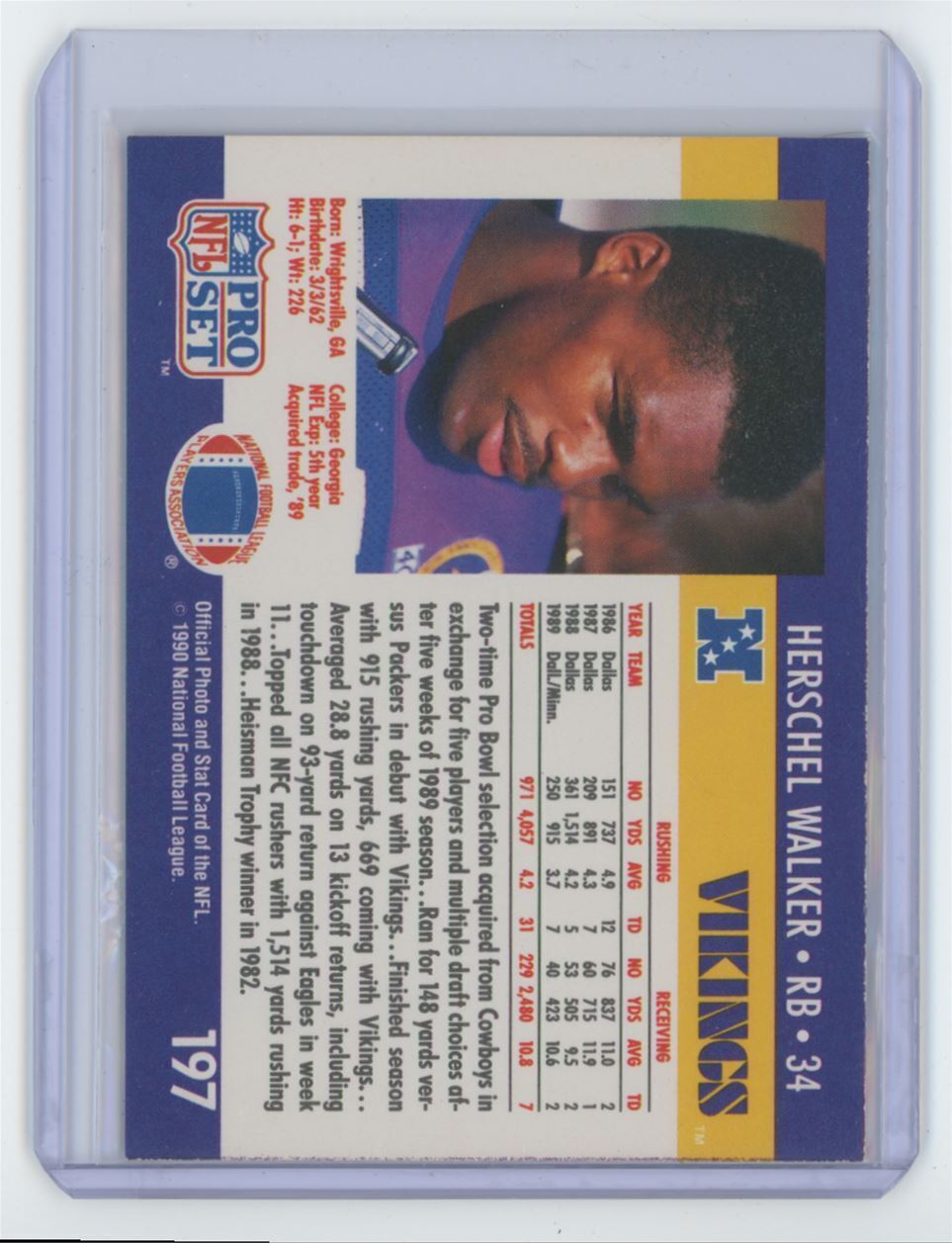 1990 PRO SET HERSCHEL WALKER . MINNESOTA VIKINGS #197