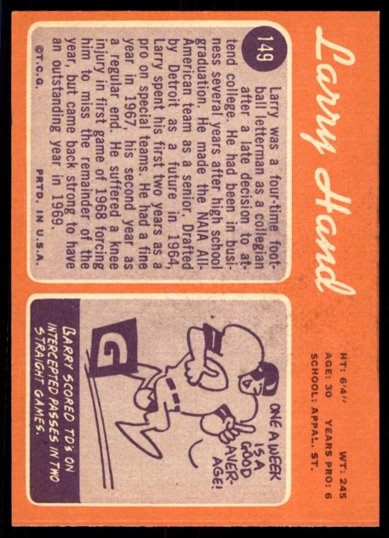 1970 Topps Larry Hand Rookie Detroit Lions #149