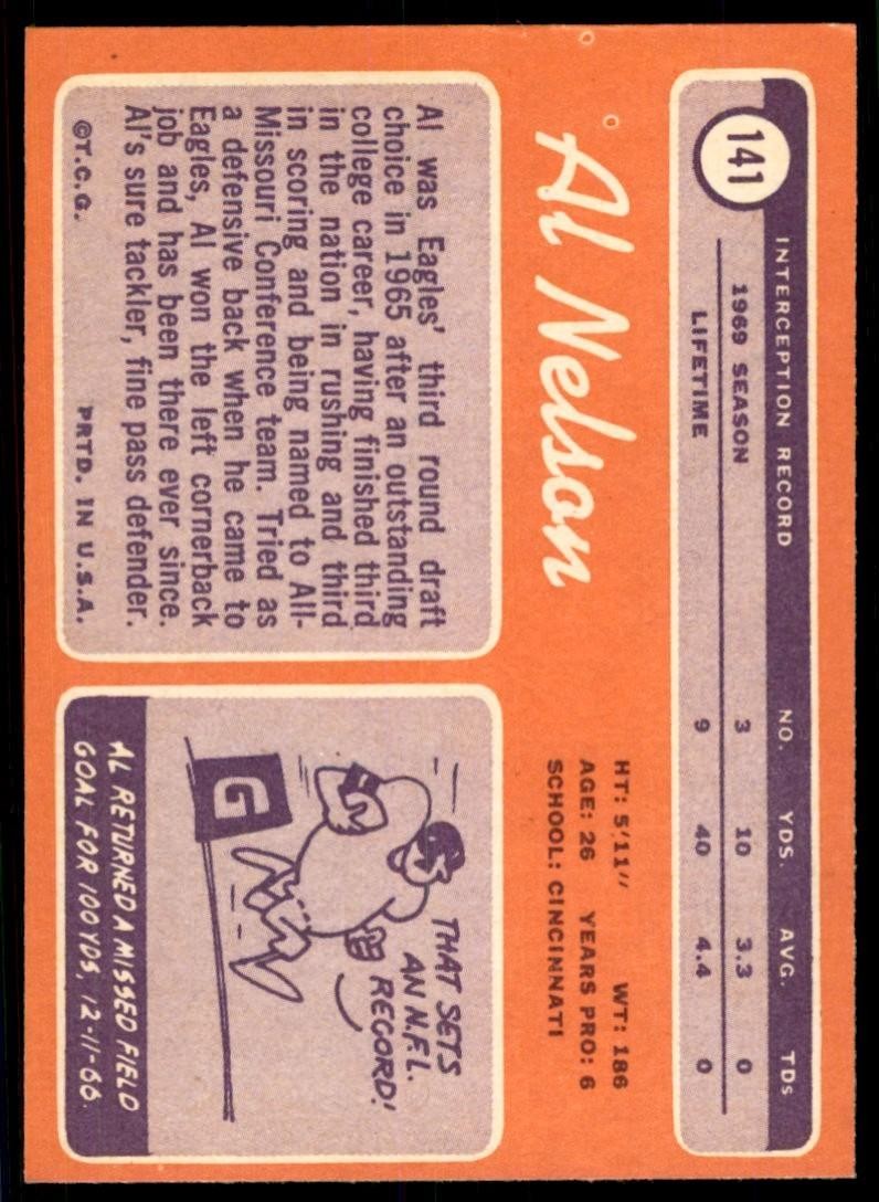 1970 Topps Al Nelson Rookie Vintage Philadelphia Eagles #141