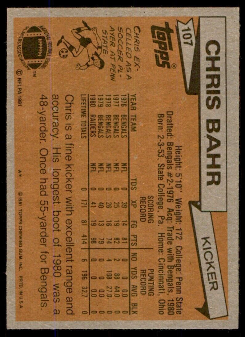 1981 Topps Football Chris Bahr . Oakland Raiders #107