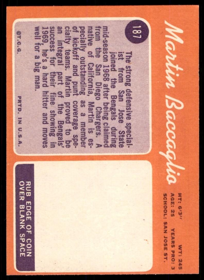 1970 Topps Martin Baccaglio Rookie Vintage Cincinnati Bengals #187