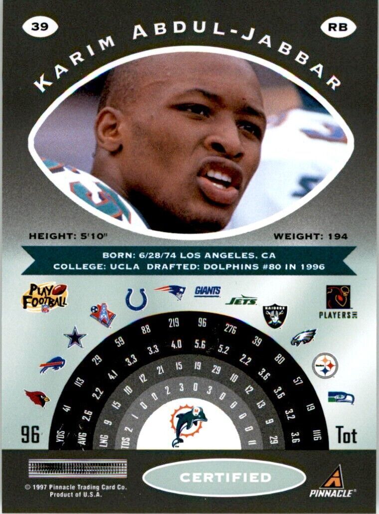 1997 Pinnacle Certified w/ Peel Off Karim Abdul-Jabbar . Miami Dolphins #39
