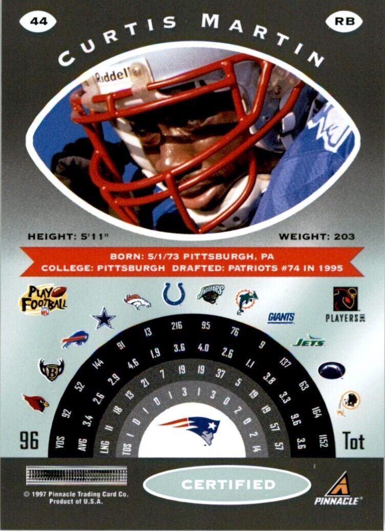 1997 Pinnacle Certified w/ Peel Off Curtis Martin . New England Patriots #44