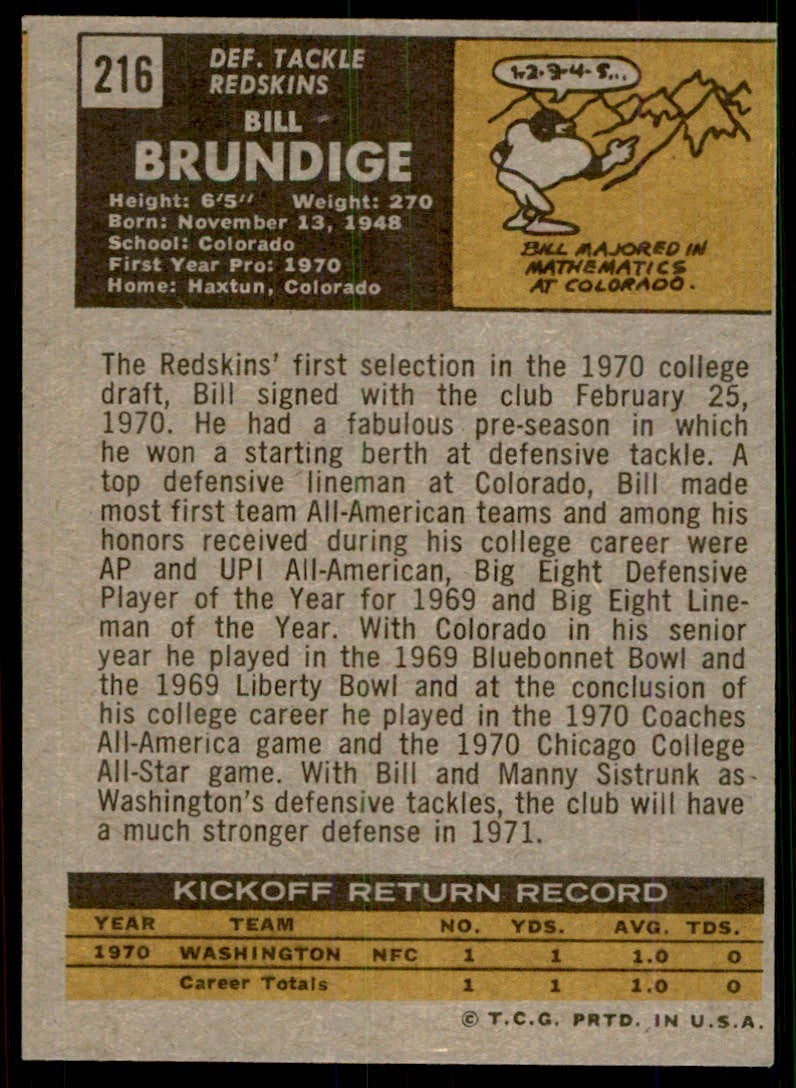 1971 Topps Bill Brundige Rookie Washington Redskins #216
