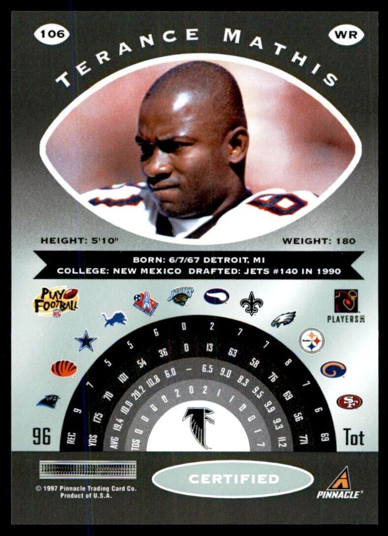 1997 Pinnacle Certified w/ Peel Off Terance Mathis . Atlanta Falcons #106