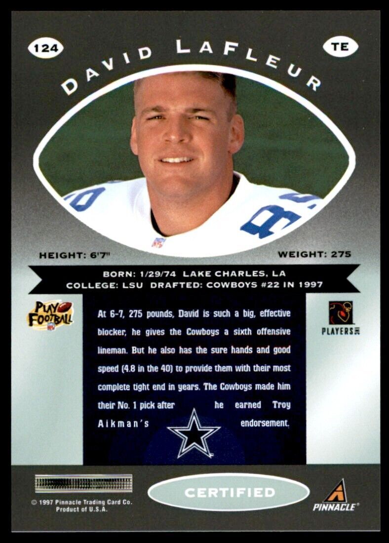 1997 Pinnacle Certified w/ Peel Off David LaFleur . Dallas Cowboys #124