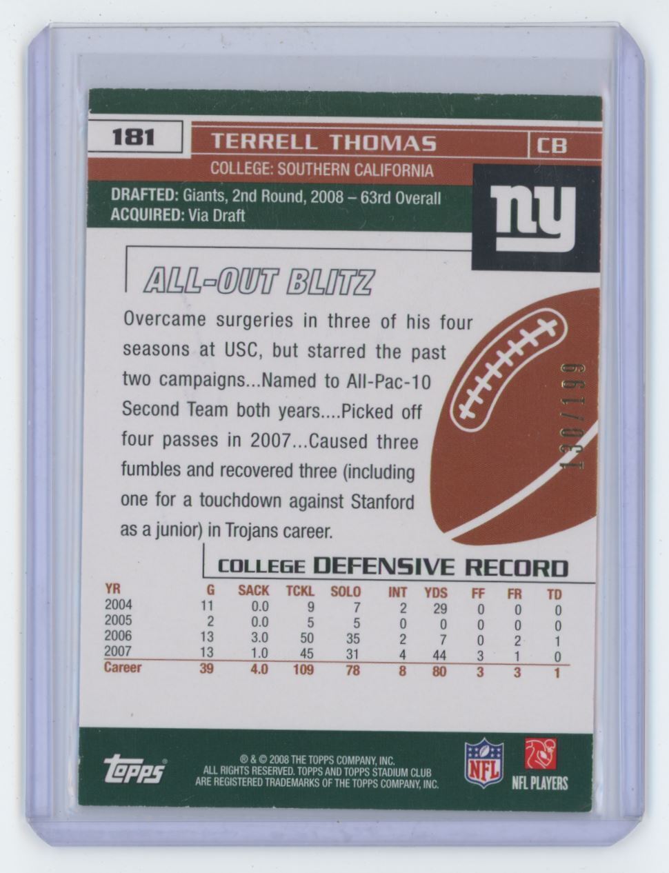 2008 STADIUM CLUB PHOTOGRAPHER'S PROOF TERRELL THOMAS . 130/199 NEW YORK GIANTS