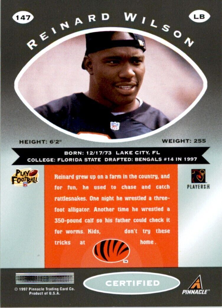 1997 Pinnacle Certified w/ Peel Off Reinard Wilson . Cincinnati Bengals #147