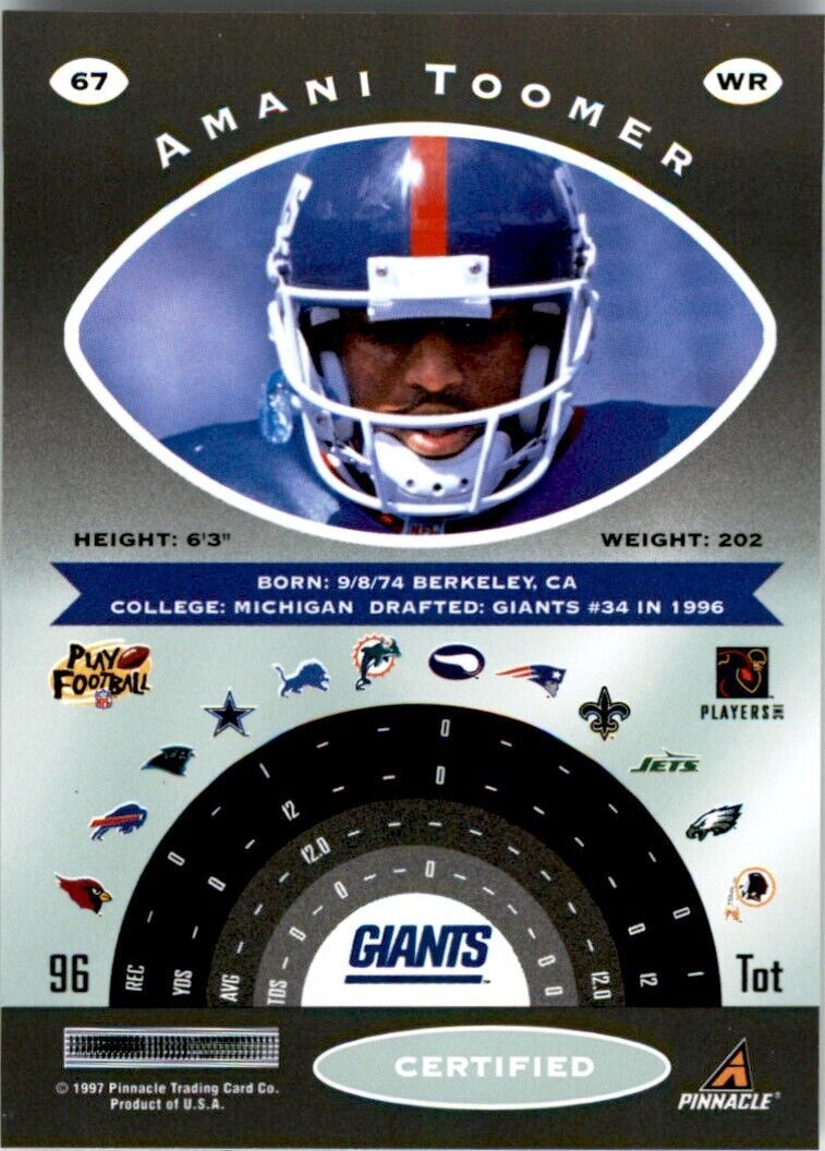 1997 Pinnacle Certified w/ Peel Off Amani Toomer . New York Giants #67