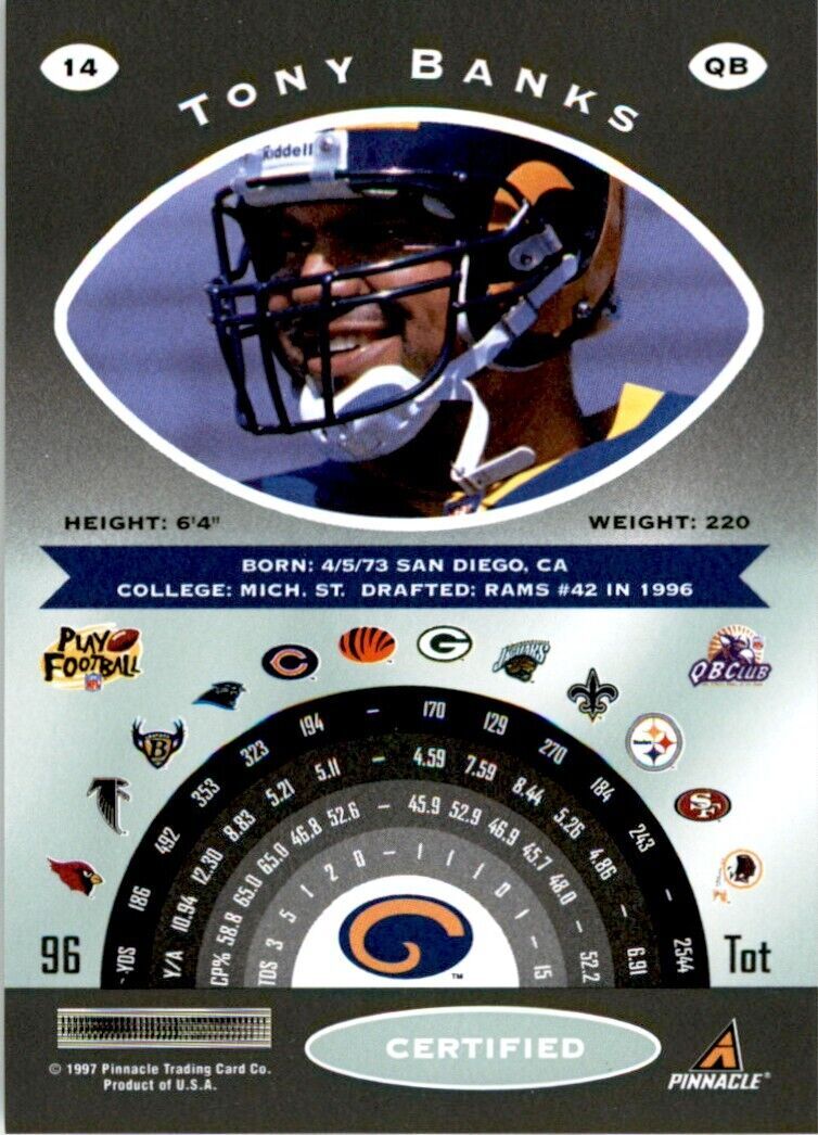 1997 Pinnacle Certified w/ Peel Off Tony Banks . Los Angeles Rams #14