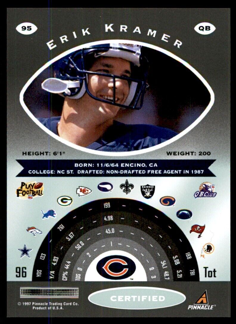 1997 Pinnacle Certified w/ Peel Off Erik Kramer . Chicago Bears #95