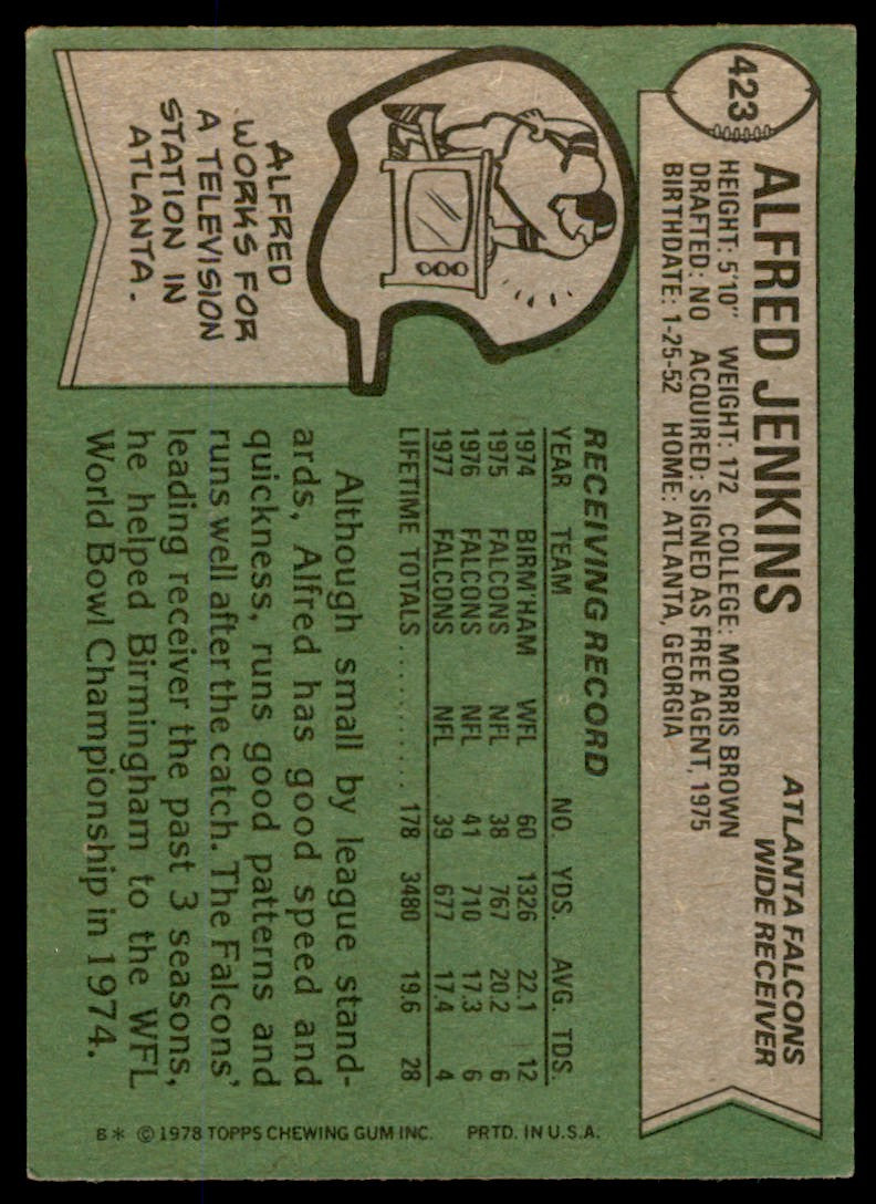 1978 TOPPS. ALFRED JENKINS. . ATLANTA FALCONS #423
