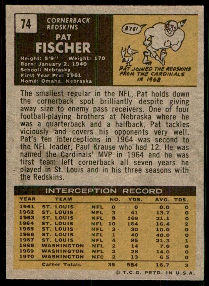 1971 Topps Pat Fischer Vintage Washington Redskins #74