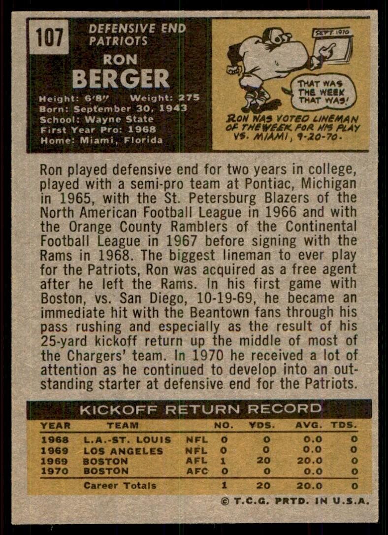 1971 Topps Ron Berger Rookie Vintage New England Patriots #107