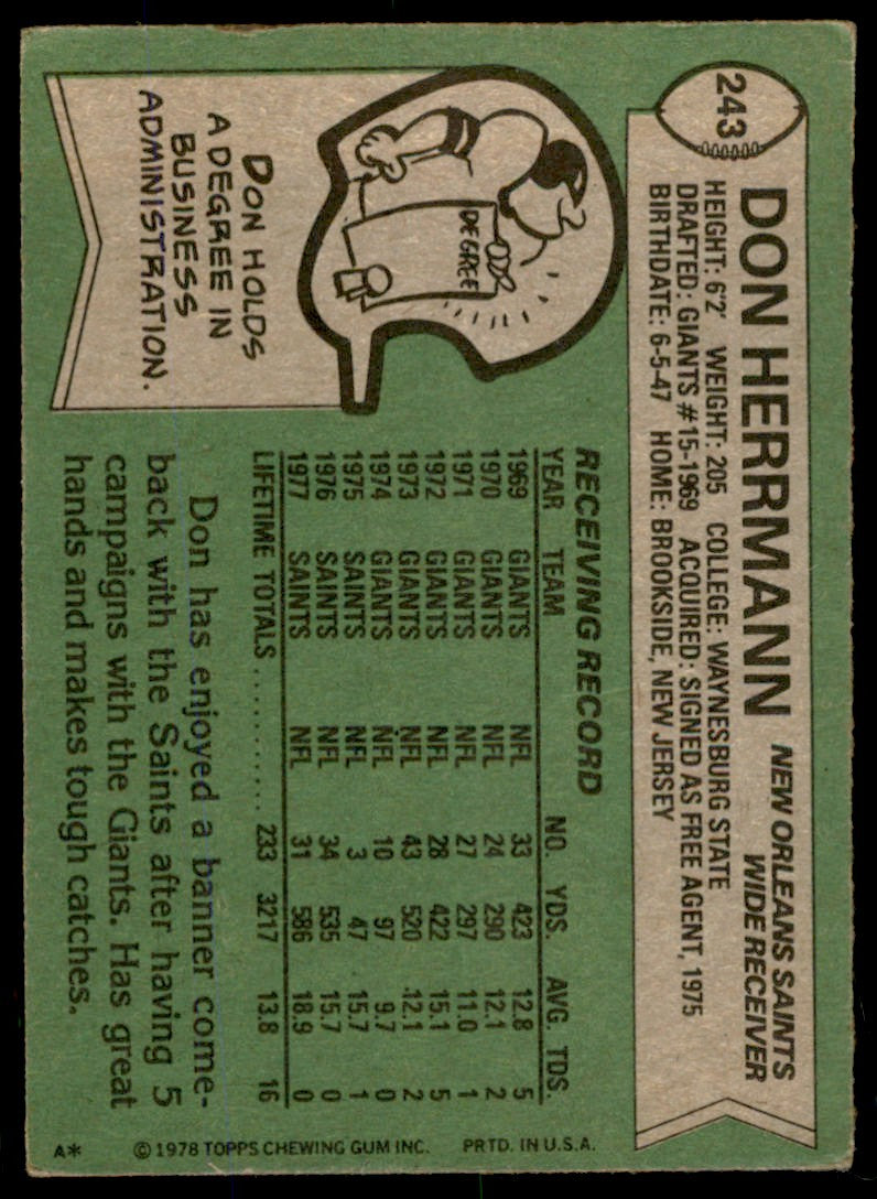 1978 TOPPS DON HERRMANN . NEW ORLEANS SAINTS #243