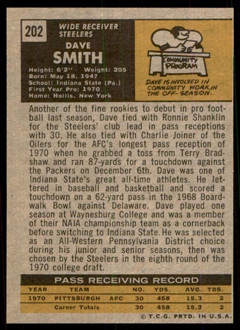 1971 Topps Dave Smith Rookie Pittsburgh Steelers #202