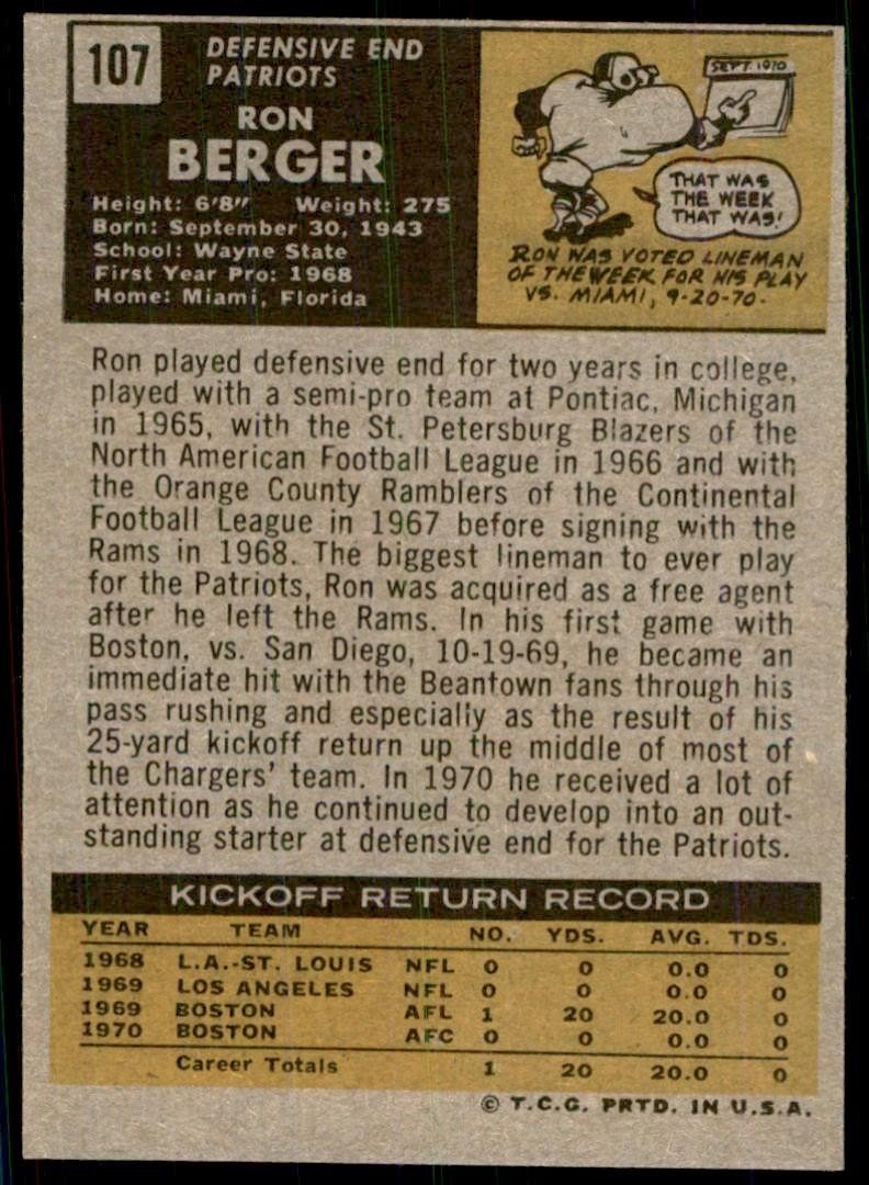 1971 Topps Ron Berger Rookie New England Patriots #107