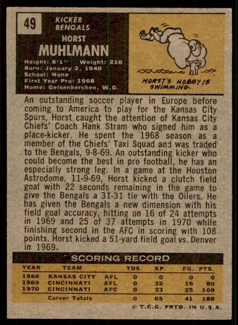 1971 Topps Horst Muhlmann Rookie Football Cincinnati Bengals #49